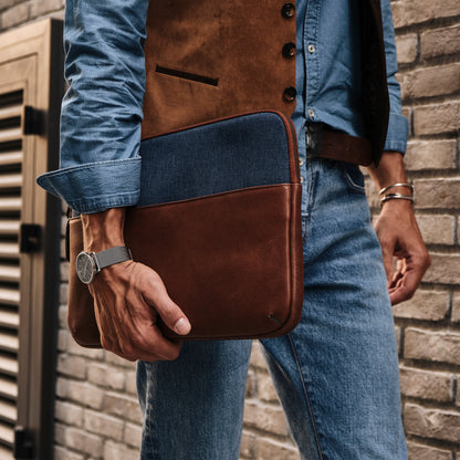 Leather & Canvas MacBook Sleeve 16'' - Tan / Denim Blue