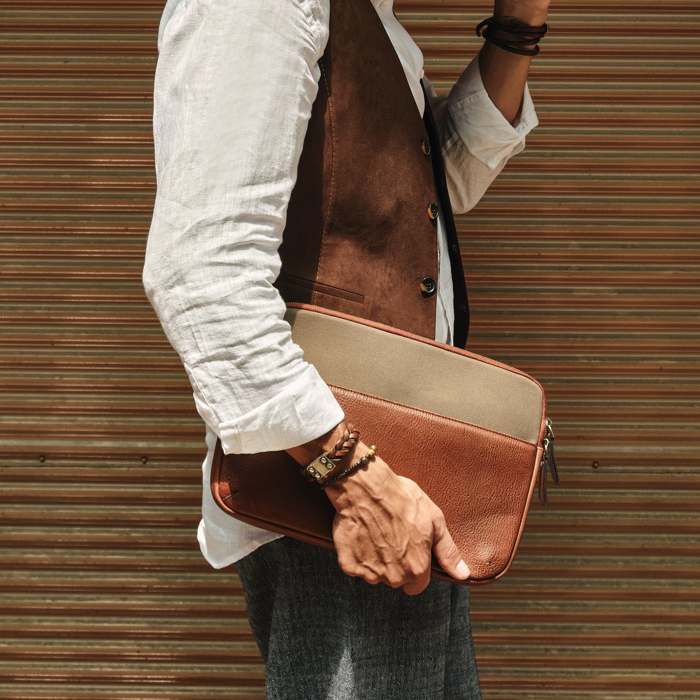 Lucky - Tan / Khaki | Leather & Canvas Clutch Handbag