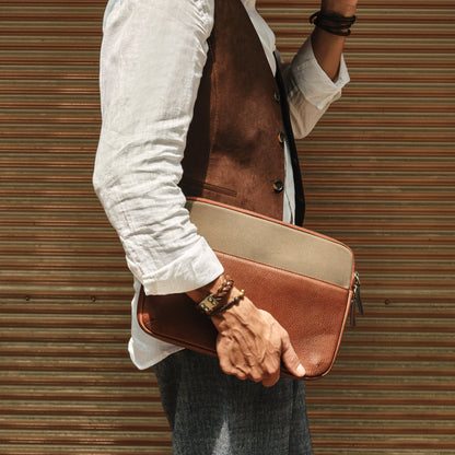Lucky - Tan / Khaki | Leather & Canvas Clutch Handbag