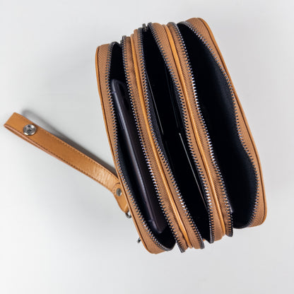 Barney | Three-Zip Leather Handbag - Tan