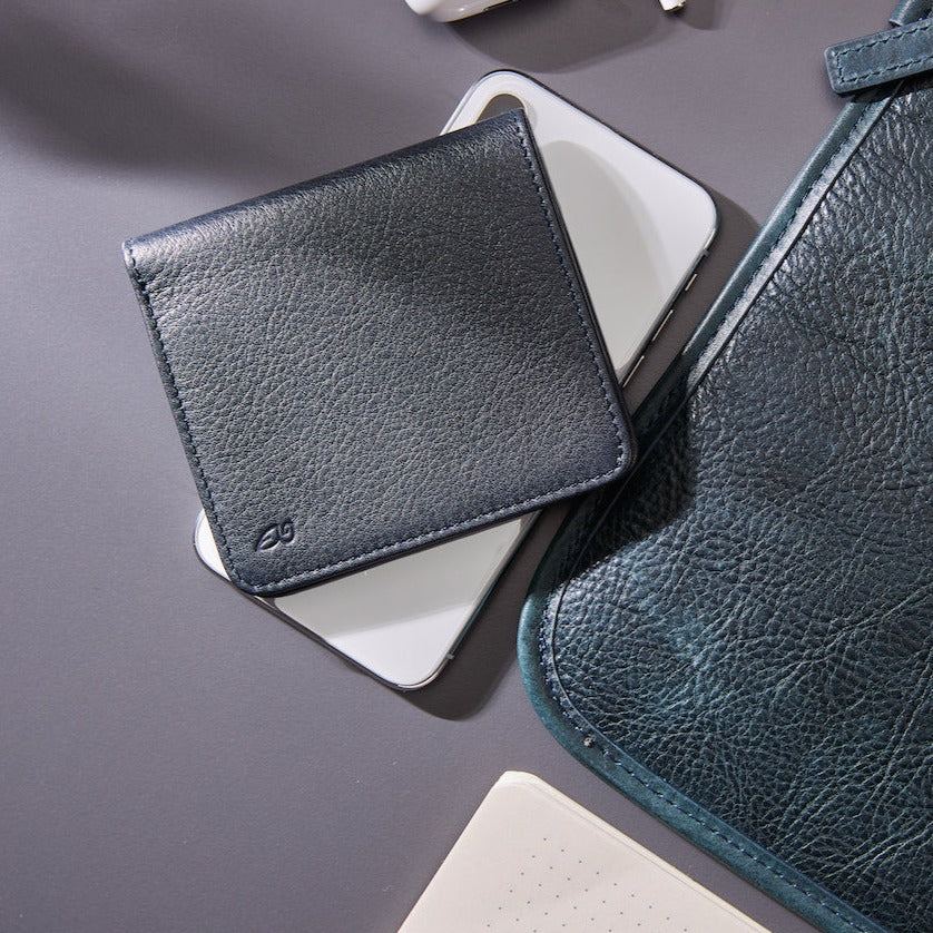 Classic Leather Bifold Wallet Navy Blue