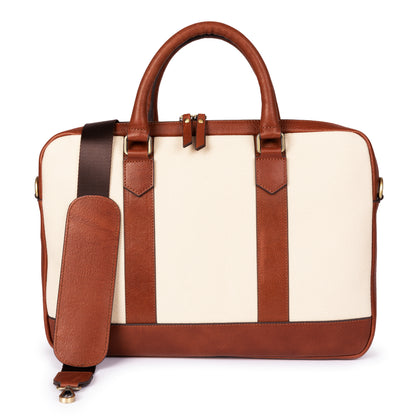 ELEGANT - Tan | Leather & Canvas Laptop / Briefcase