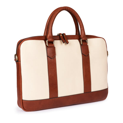 ELEGANT - Tan | Leather & Canvas Laptop / Briefcase